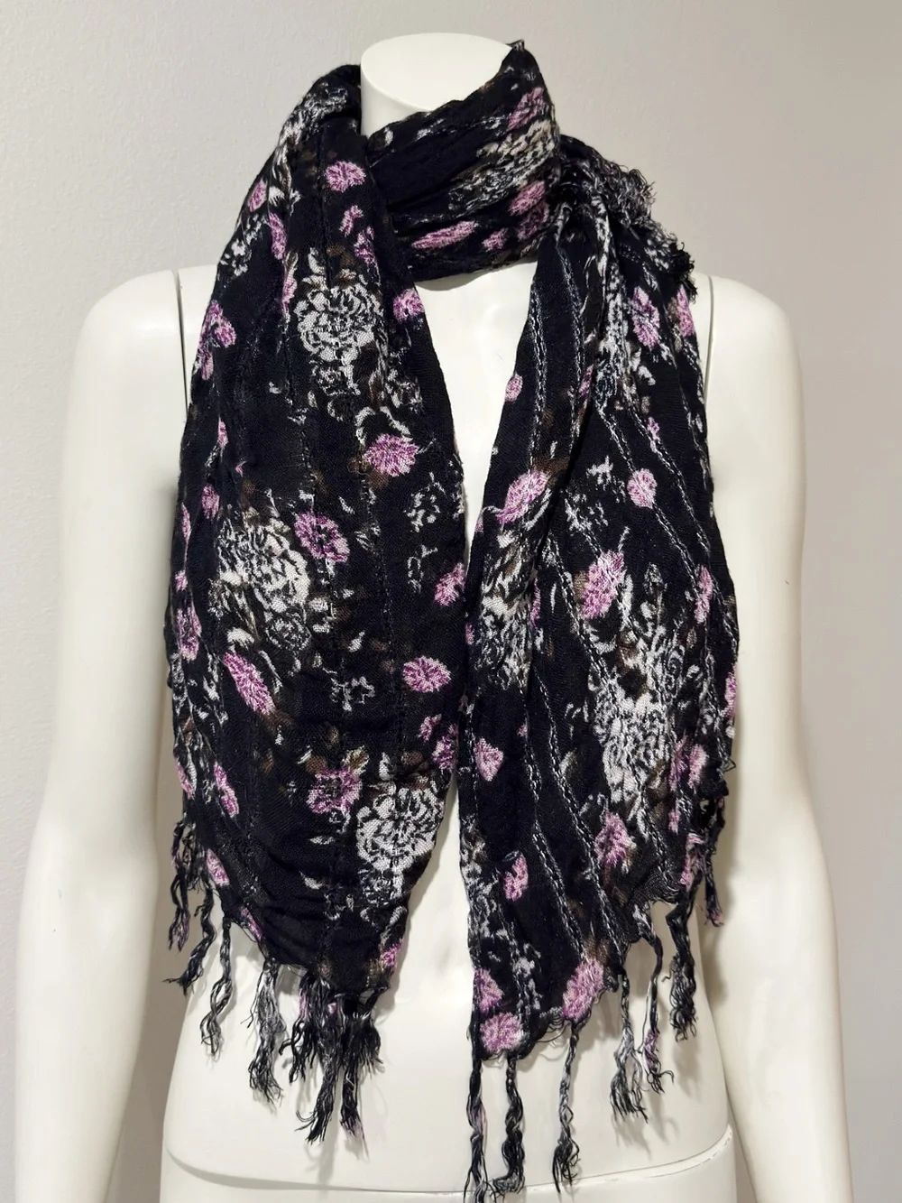 Boho Floral Fringe Black Scarf Pink & White